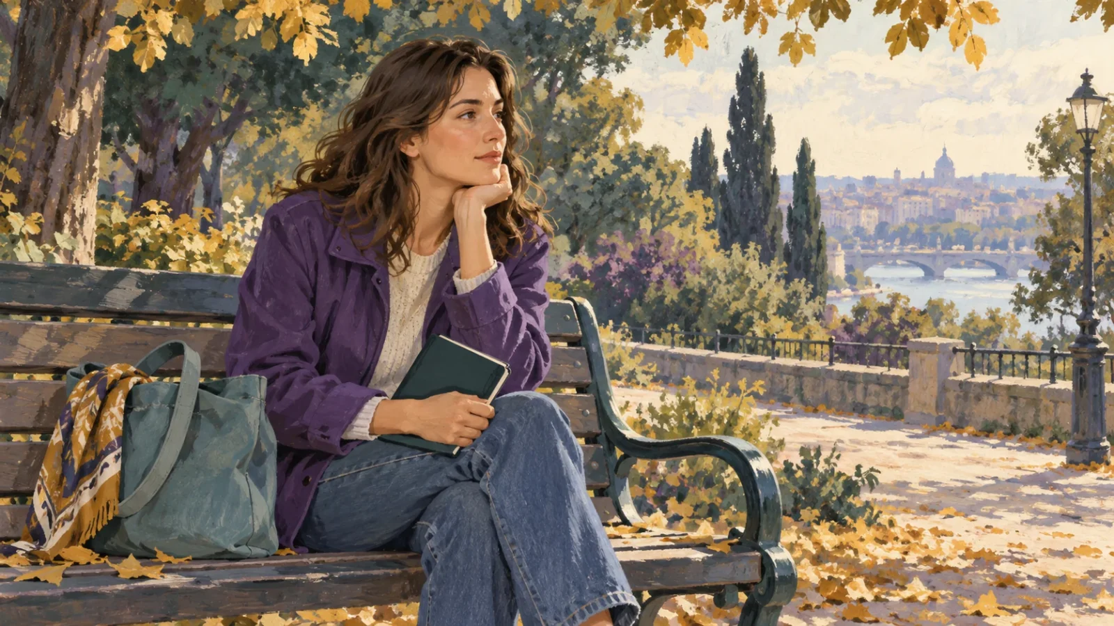 Illustration of a woman holding a notebook while sitting on a park bench.