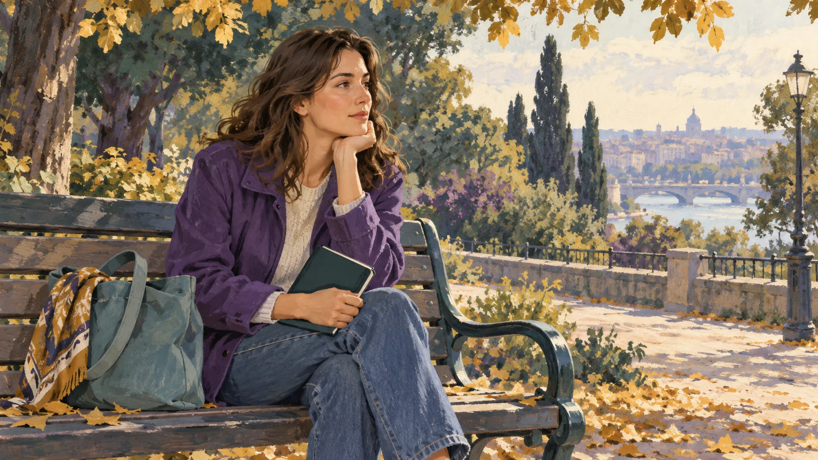 Illustration of a woman holding a notebook while sitting on a park bench.