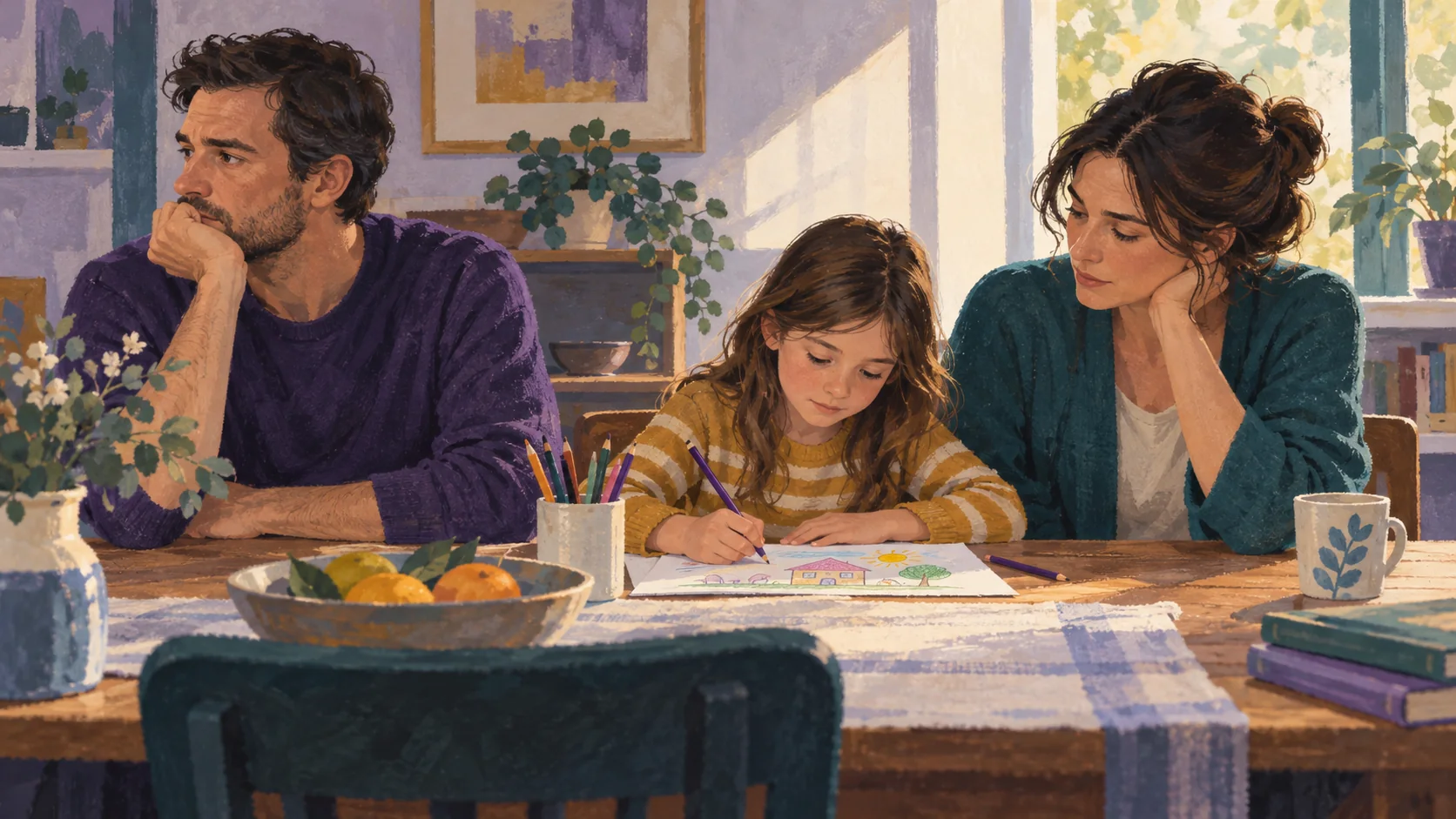 congruent-original-iii-featured-v1 Illustration of two adults and a child drawing at a family table.